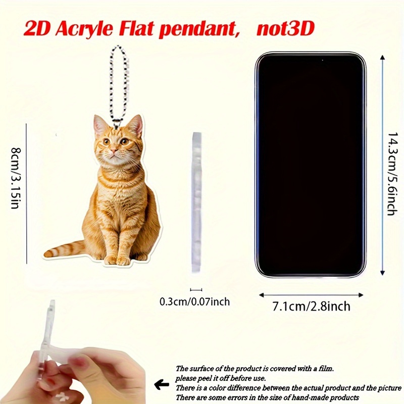 TEMU 2d Flat, 1pc Cute Sitting Orange Keychain - Adorable Acrylic Kitten Pendant With Chain, Women', Christmas/valentine's/birthday Gift For & Cat