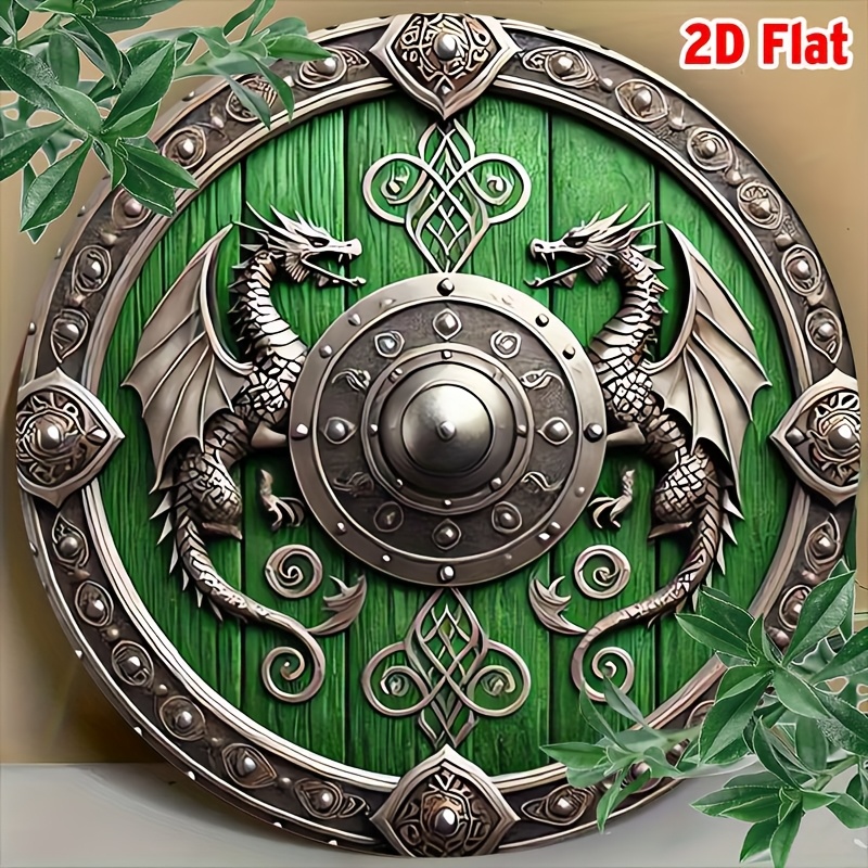 TEMU 2d Flat, 2d Flat Plane, 1pc Metal Wall Decor - 8x8 Round Aluminum Plaque With Dragon And Helmet Design, Vintage Green And Silvery Accents,