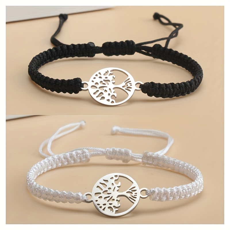 TEMU 2pcs Set Handmade Braided Rope Bracelet, Stainless Steel Round Of Bracelet, Handmade And Simply Adjustable, Suitable For Men And Women Daily