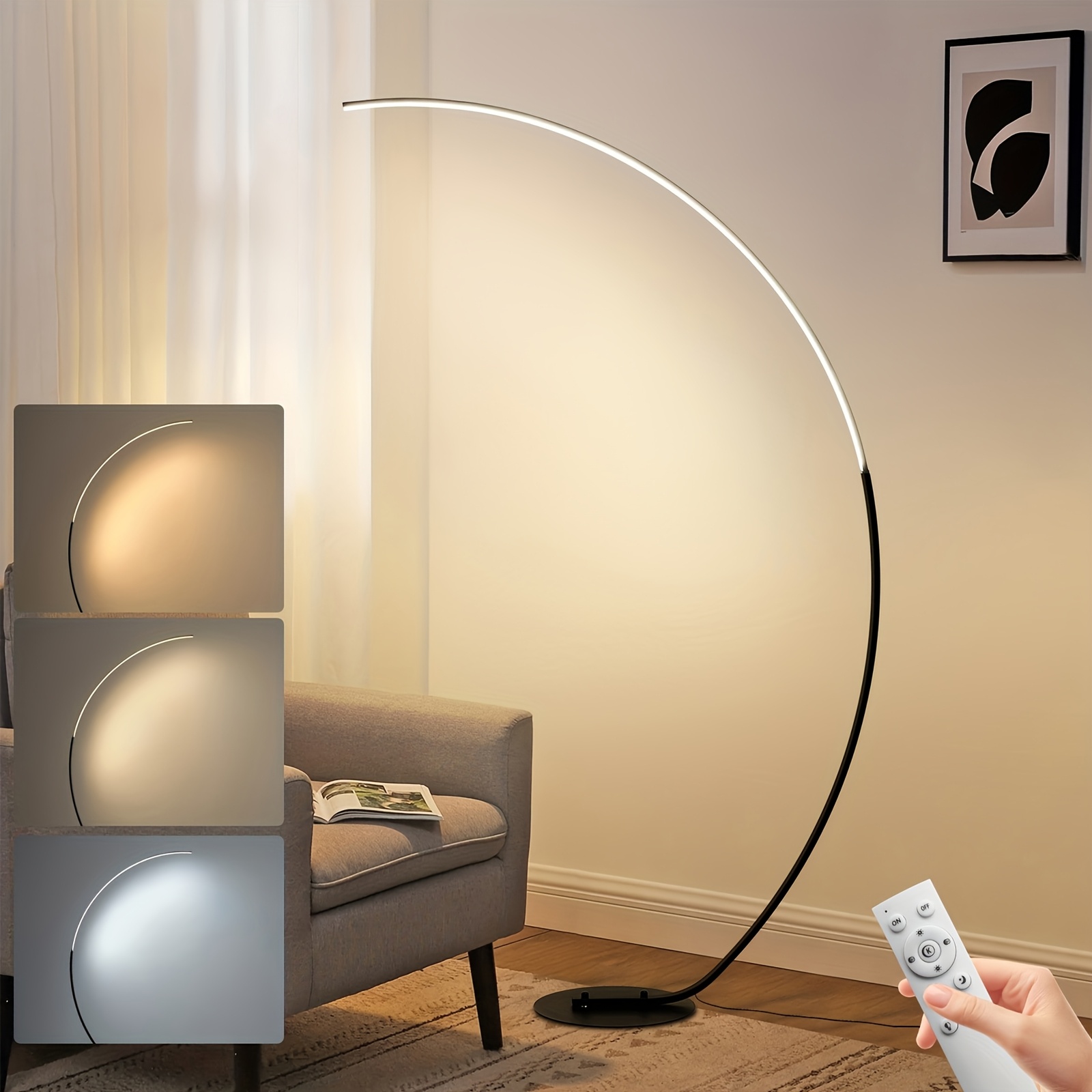 Modern Arc Led Floor Lamps, 65" Dimmable Curved Floor Lamp With Remote Control, 3 Color Temperatures Lamp, Timing Reading Floor Lamp For Living Room, Bedroom, Office, Study
