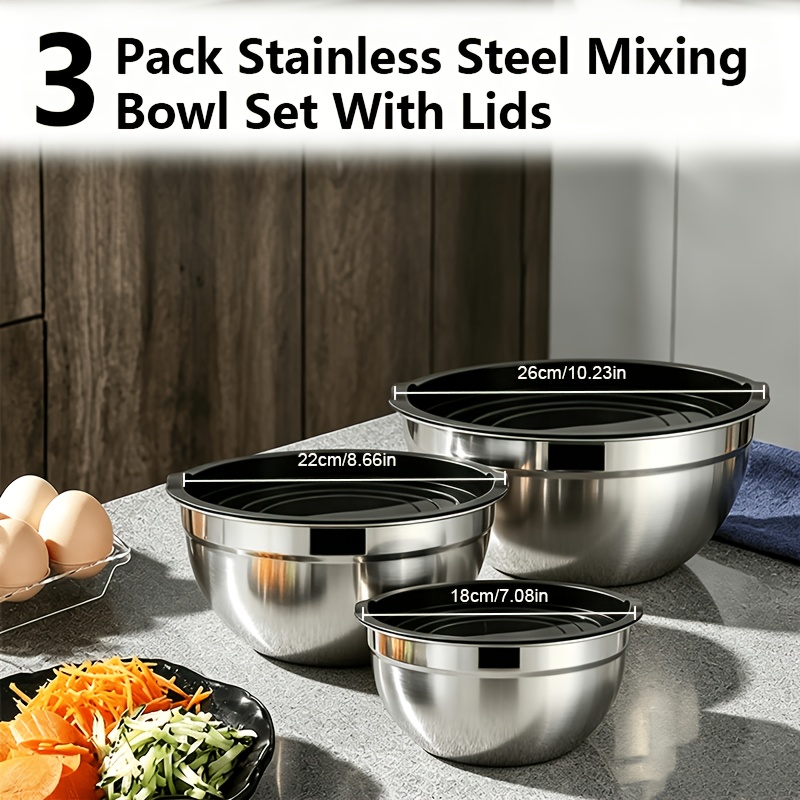 Thickened Stainless Steel Salad Bowls With Khaki Black Silicone Non-slip Bottoms, Includes Covered Mixing Bowls For Baking And Egg Beating, Perfect For Christmas