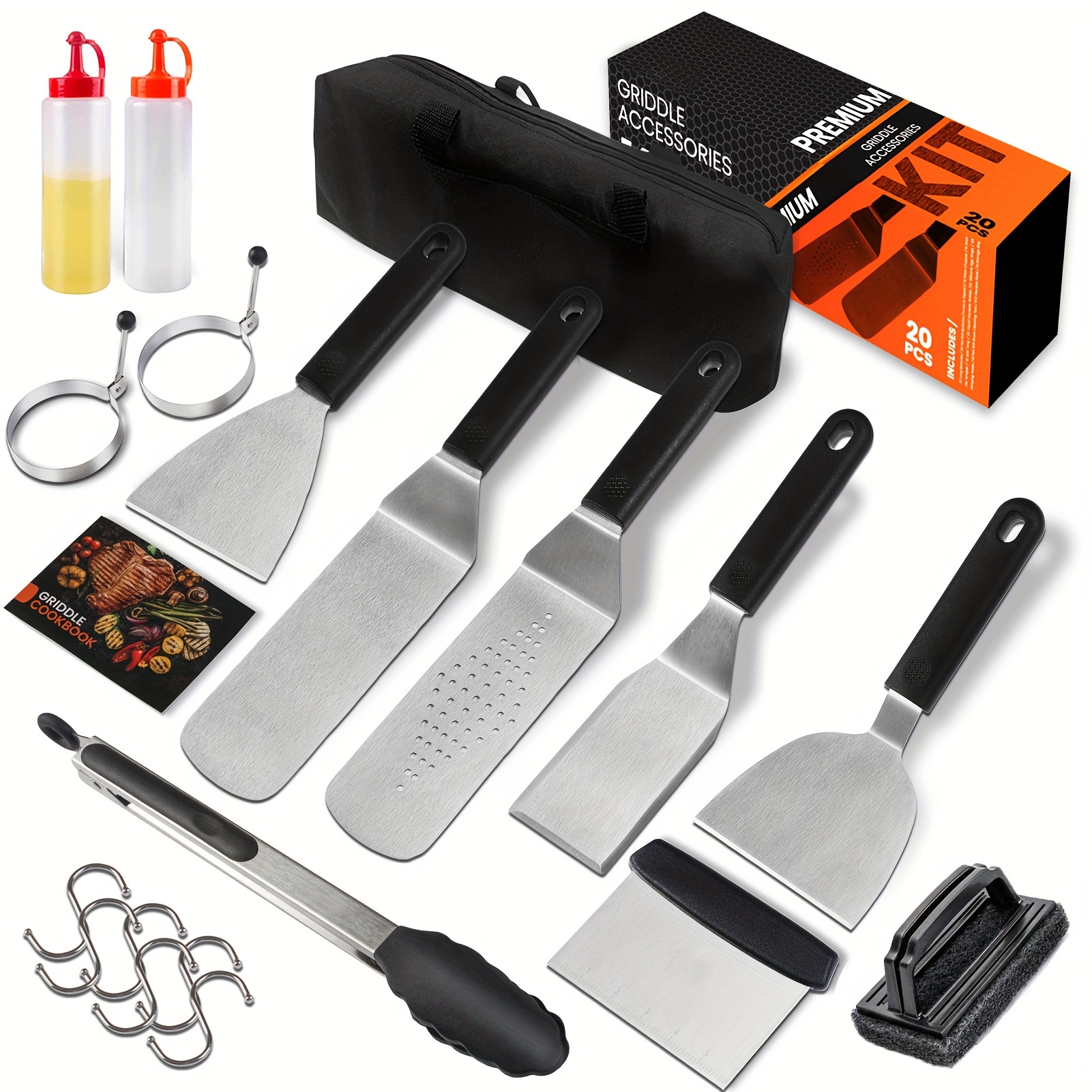 

Blackstone Griddle Accessories Kit, Rük 20 Pcs Flat Top Griddle Accessories Set With Anti-scalding Long Handle Metal Spatula, Griddle Scraper, Cleaning Kit, E-cookbook For Blackstone And Camp Chef