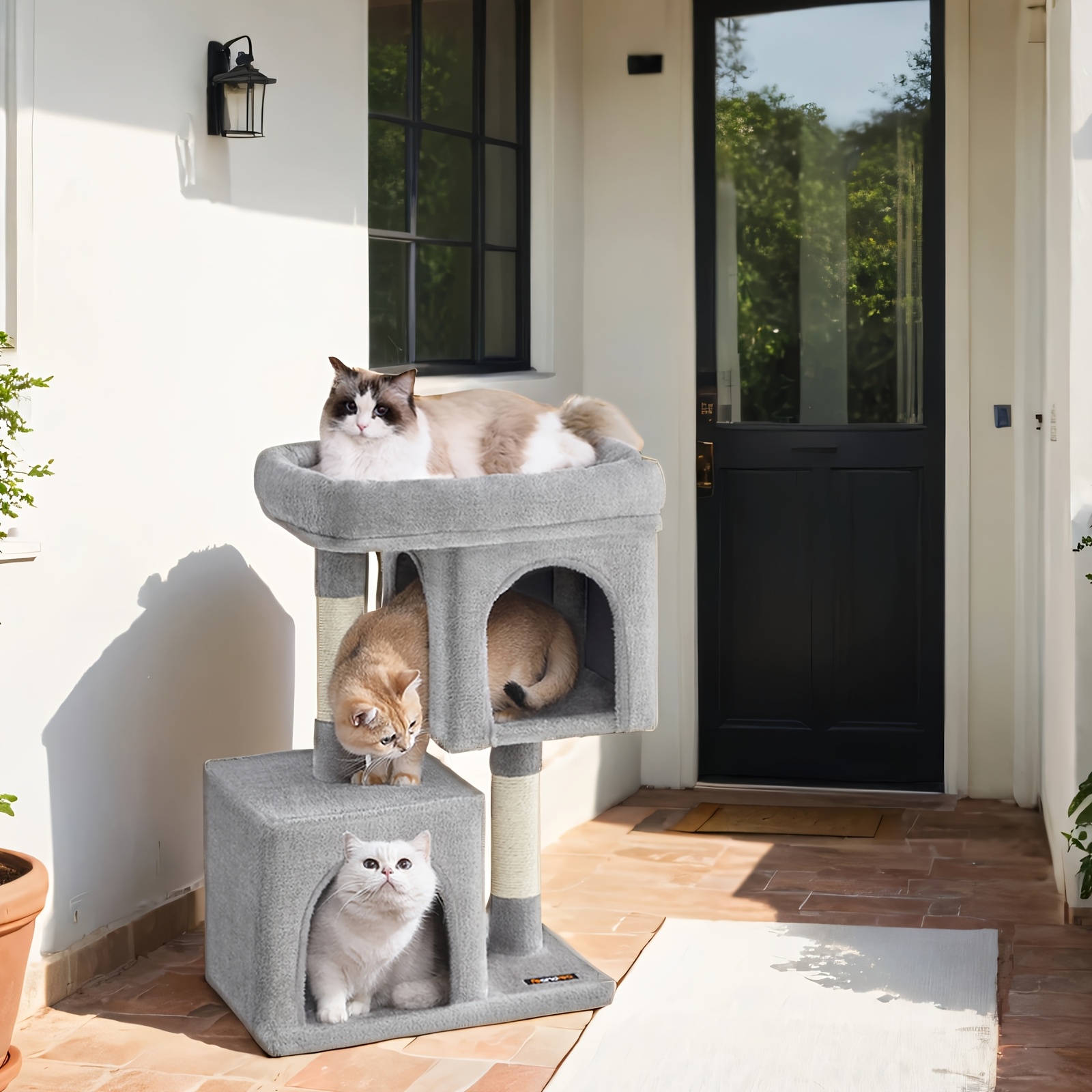 E-shop Katzenbaum, 74 cm Katzenturm M, Katzenhaus für mittelgroße Katzen bis zu 5 kg, große Kratzstange, 2 Katzennester