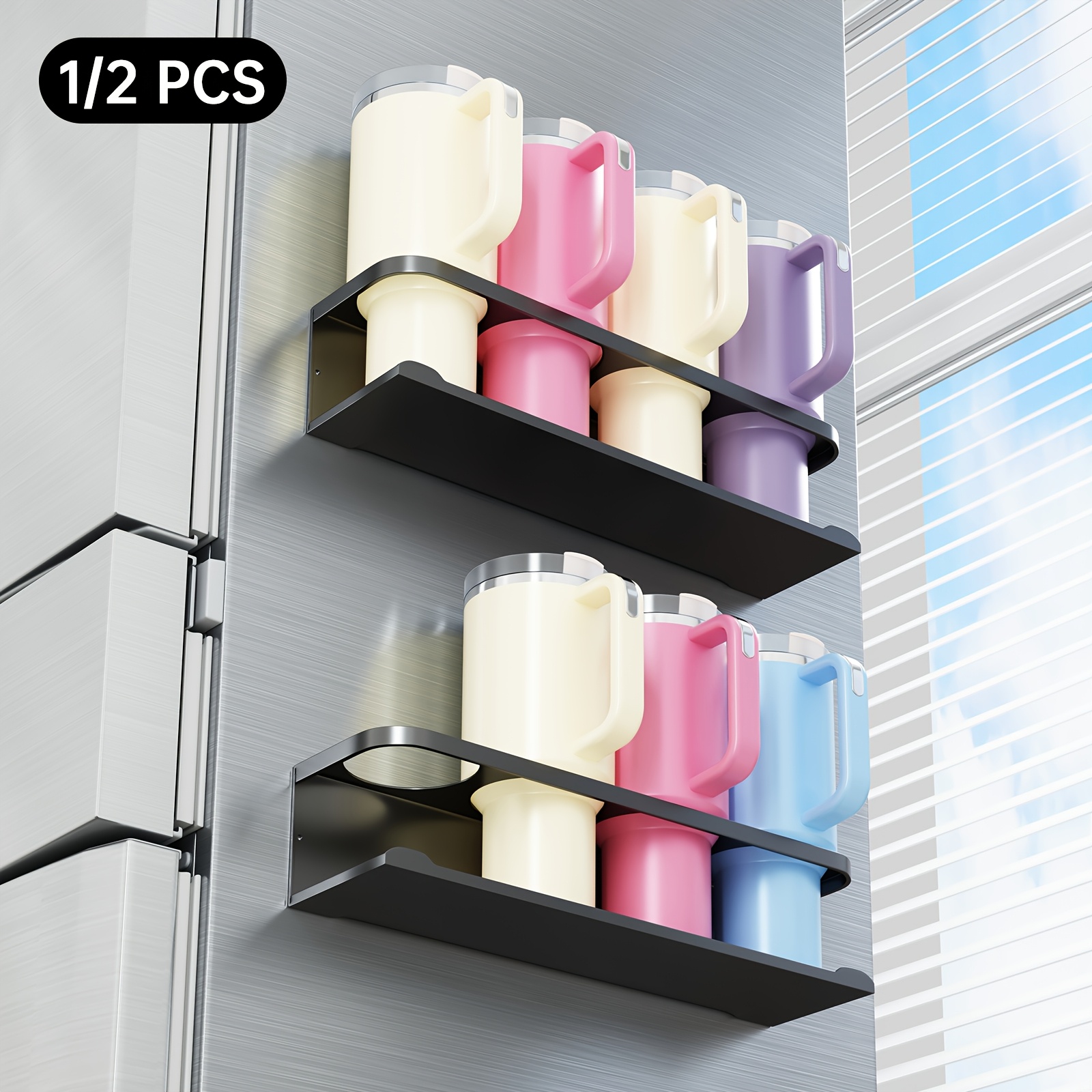 TEMU 1pc/ 2pcs Magnetic Holder For Fridge, Magnetic Cup Organizer, Water Bottle Storage Shelf, Heavy Duty, Black