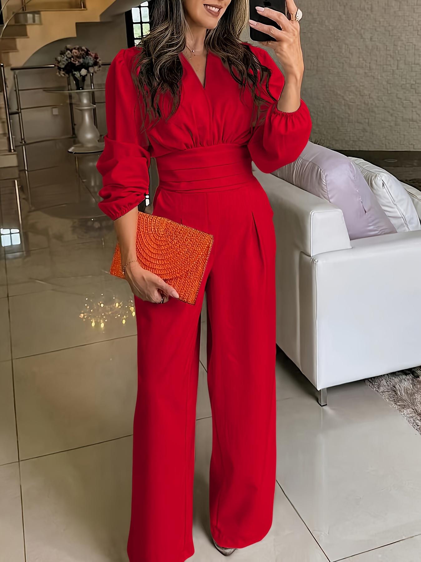 Red Satin Long Sleeve V Neck Jumpsuit Big Red Elegant V Neck