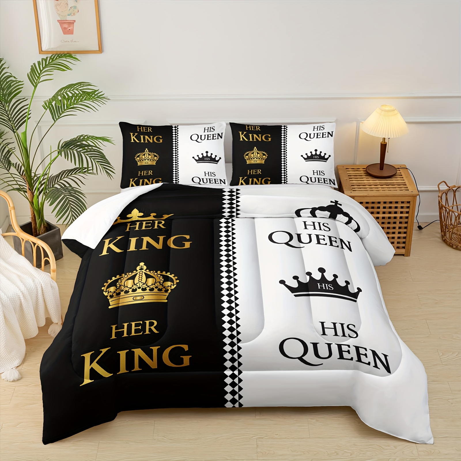 3pcs queen and   letter print couple comforter set his and hers quilt set black white   set romantic valentines day theme mr mrs bedding set for bedroom decor soft microfiber couple comforter set with 2 pillowcase Product details 3