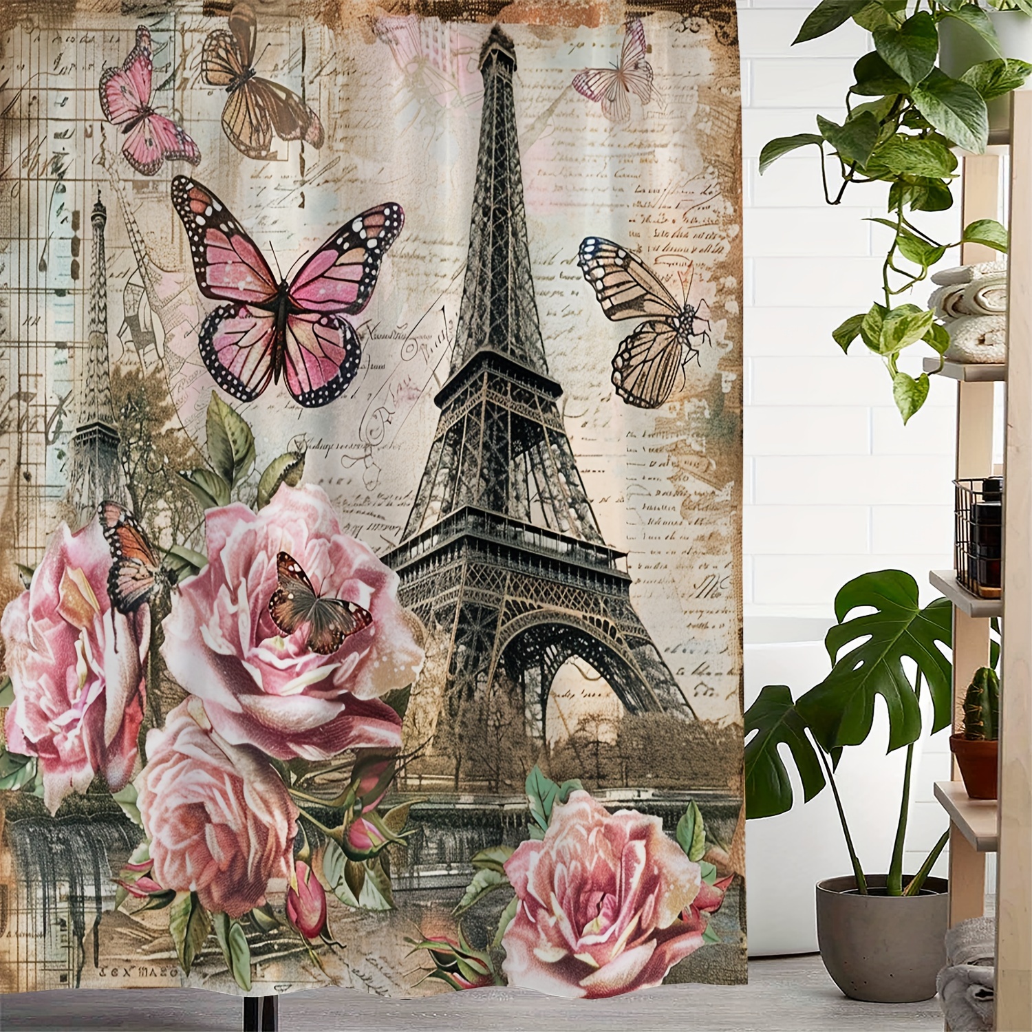 

Vintage Eiffel Tower Floral Butterfly Print Water-resistant Polyester Shower Curtain With 12 Hooks, Machine Washable, Artistic Weave, Non-animal Themed