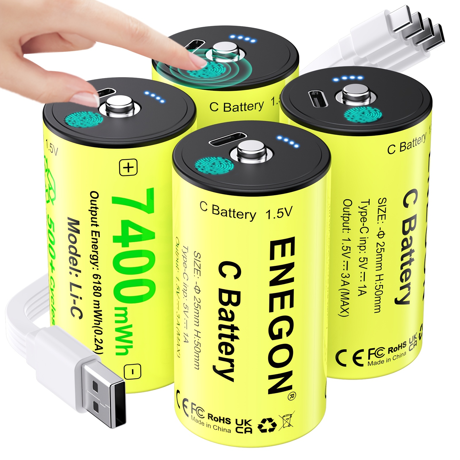 Enegon C Type 7400mwh 1.5v 4-pack Lithium-ion Rechargeable Batteries, With 4-in-1 Usb-c Charging Cable, Led Display, Suitable For Flashlights, , Lamps, Etc.