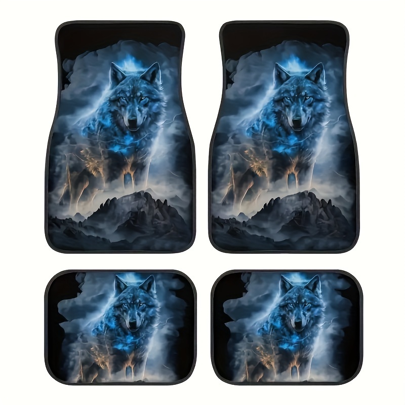 

4pcs Cool Wolf Print Car Floor Mats, Fit Front And Rear Polyester Auto Interior Accessories