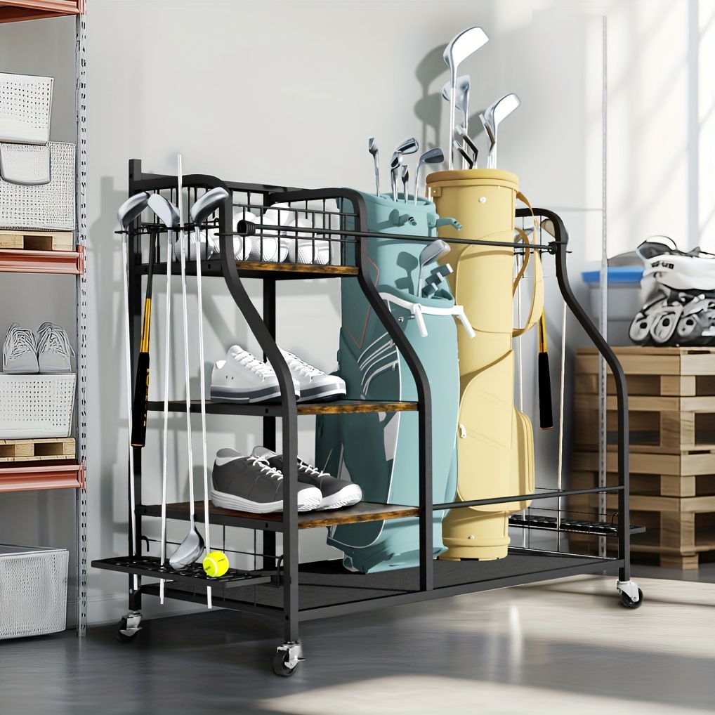 TEMU Golf Bag Storage Stand Multifunctional Metal Golf Bags Organizer Rack With Shelves Rolling Storage Rack On Wheels For Golf Equipment Accessories