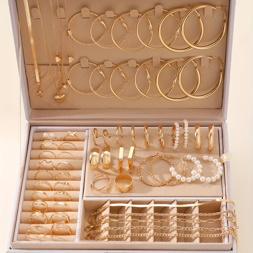 

54-piece Bohemian Jewelry Set With Imitation Pearls, Heart Earrings, Rings, Bracelets For Women, Snake Bone Chain Design, Daily Wear, Mother's Day Gift (box Not Included)
