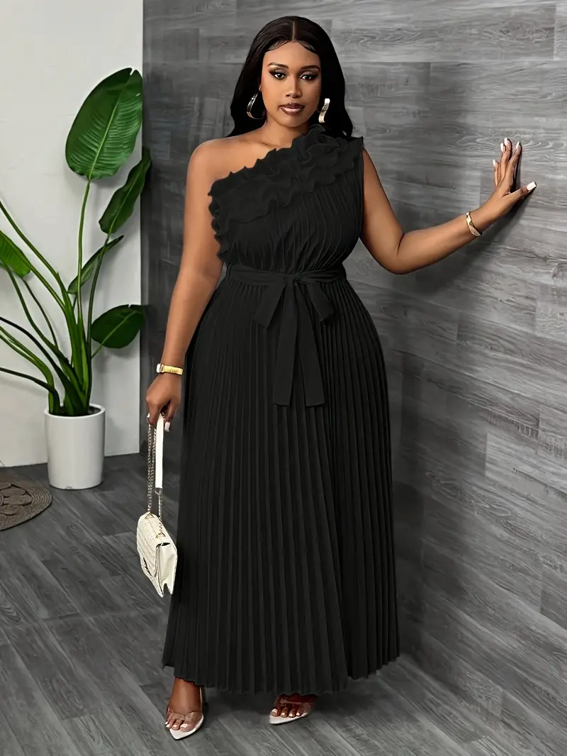 Plus Size, Plus Size Elegant Women's Black Pleated Belted Off-Shoulder Dress Plus Size, Plus Size Elegant Women's Black Pleated Belted Off-Shoulder Dress
