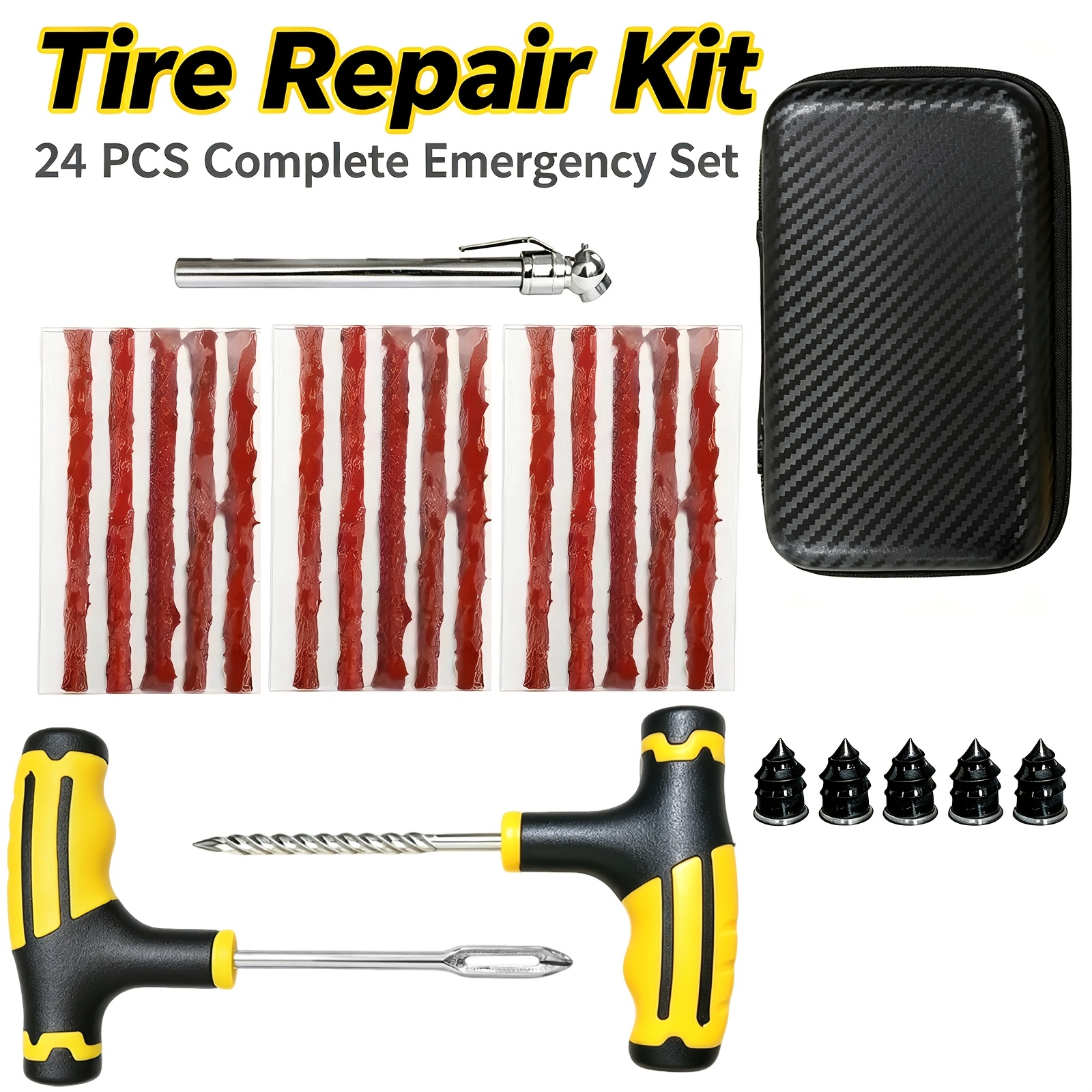 Image of Tyre Repair Kit , T-handle Reamer Screwdriver Pressure Gauge For Tubeless Puncture Fix, Car Suv Motorcycle Bike Truck Emergency Roadside Repair, Zip Storage Case
