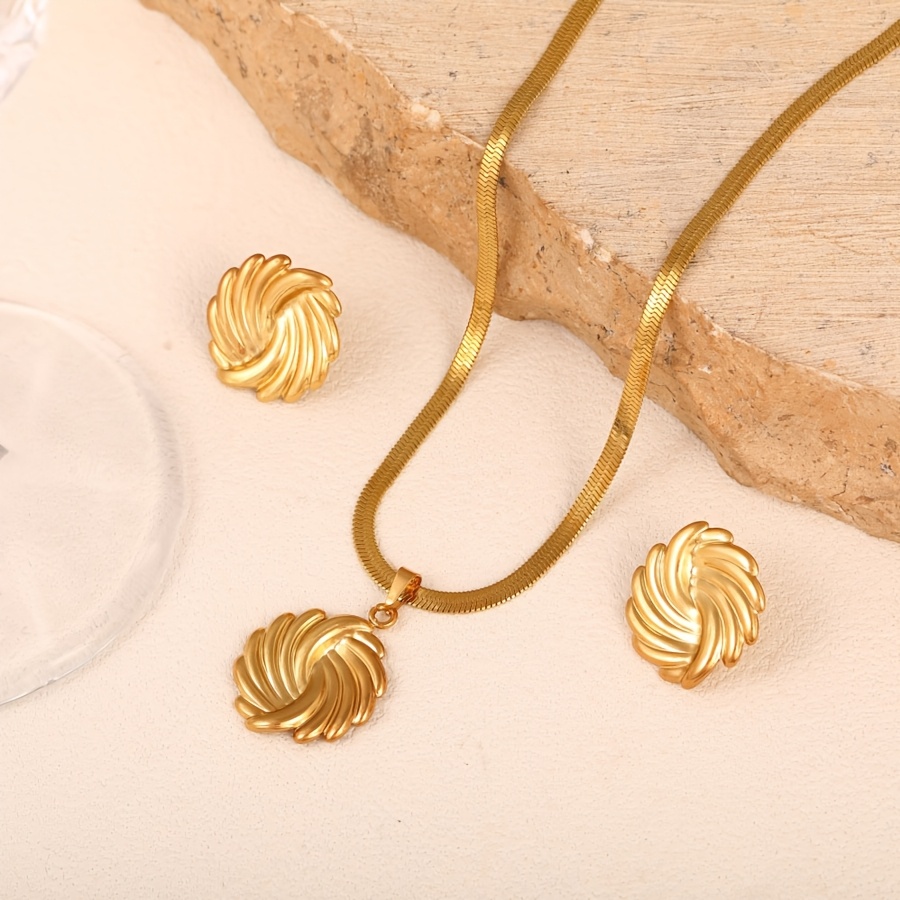 TEMU 1 Set Collier et boucles d'oreilles à pendentif tournant rond en acier inoxydable tendance avec chaîne en os de , idéal pour des femmes