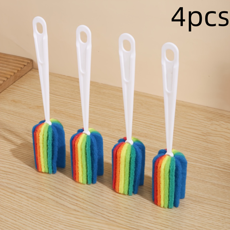 Set Of 4 Rainbow-colored Cleaning Brushes For The Kitchen, Featuring Long Handles, Ideal For Washing Glass Bottles And Cups