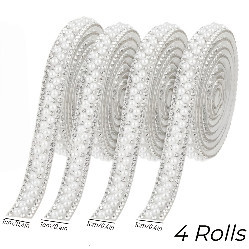 TEMU 4 Rouleaux de Ruban à Strass Perles, Bande Autocollante à Strass, Rouleau Enveloppé de Perles, Lanière Décorative avec Perles Strass
