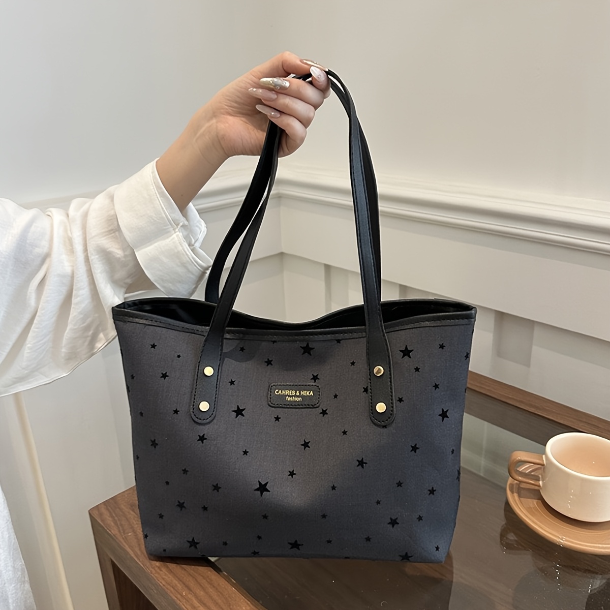 TEMU 1pc Women's Black Polka Dot Bow Detail Nylon Tote Bag - Adjustable Shoulder Strap, Large Capacity Zipper Closure, Stylish & Durable Work For