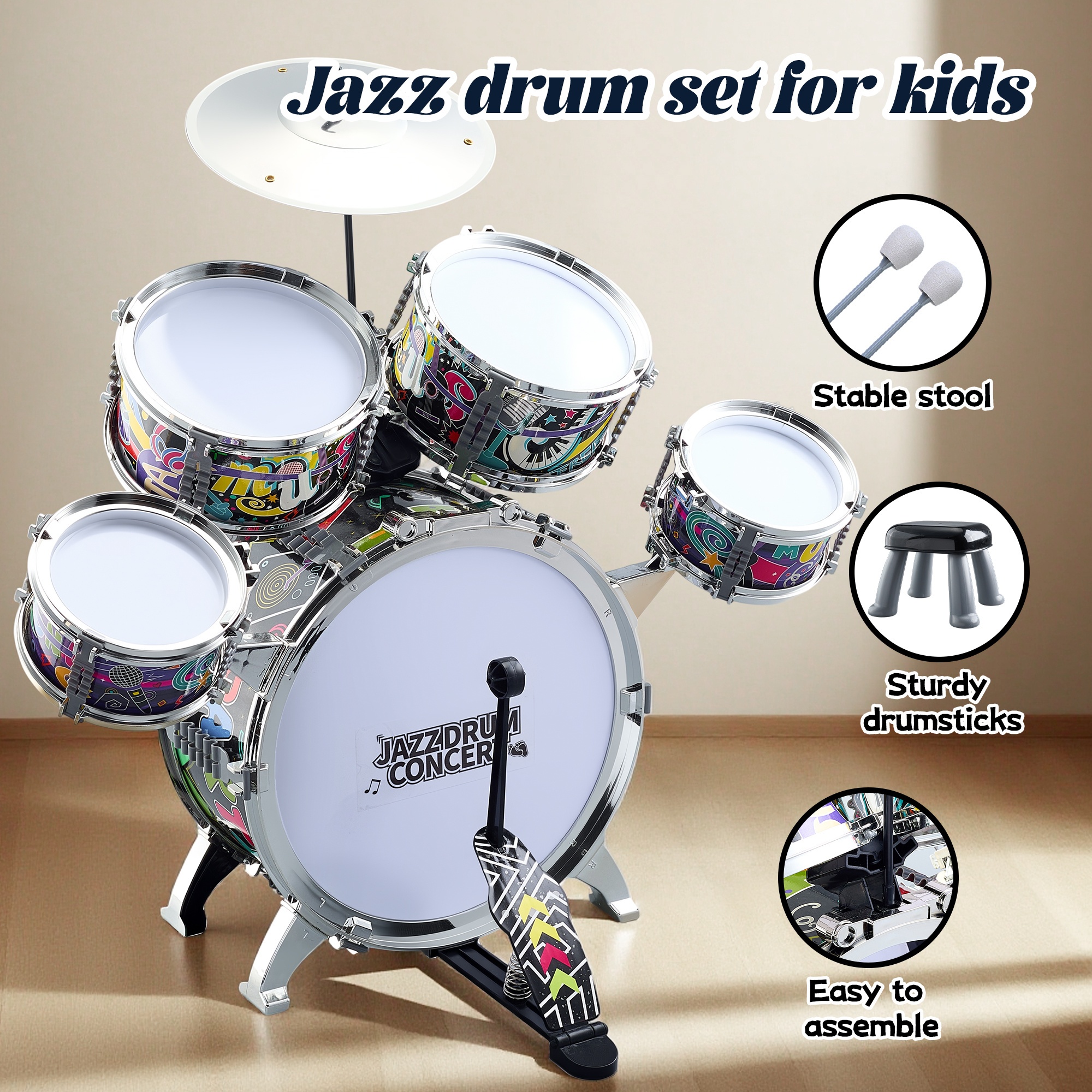 Kids Jazz Drum Set Rock Kit Toys, 5pcs Kids Band Musical Instrument,Percussion Beginner Kit for Boys Girls Aged 3-5 5-7.