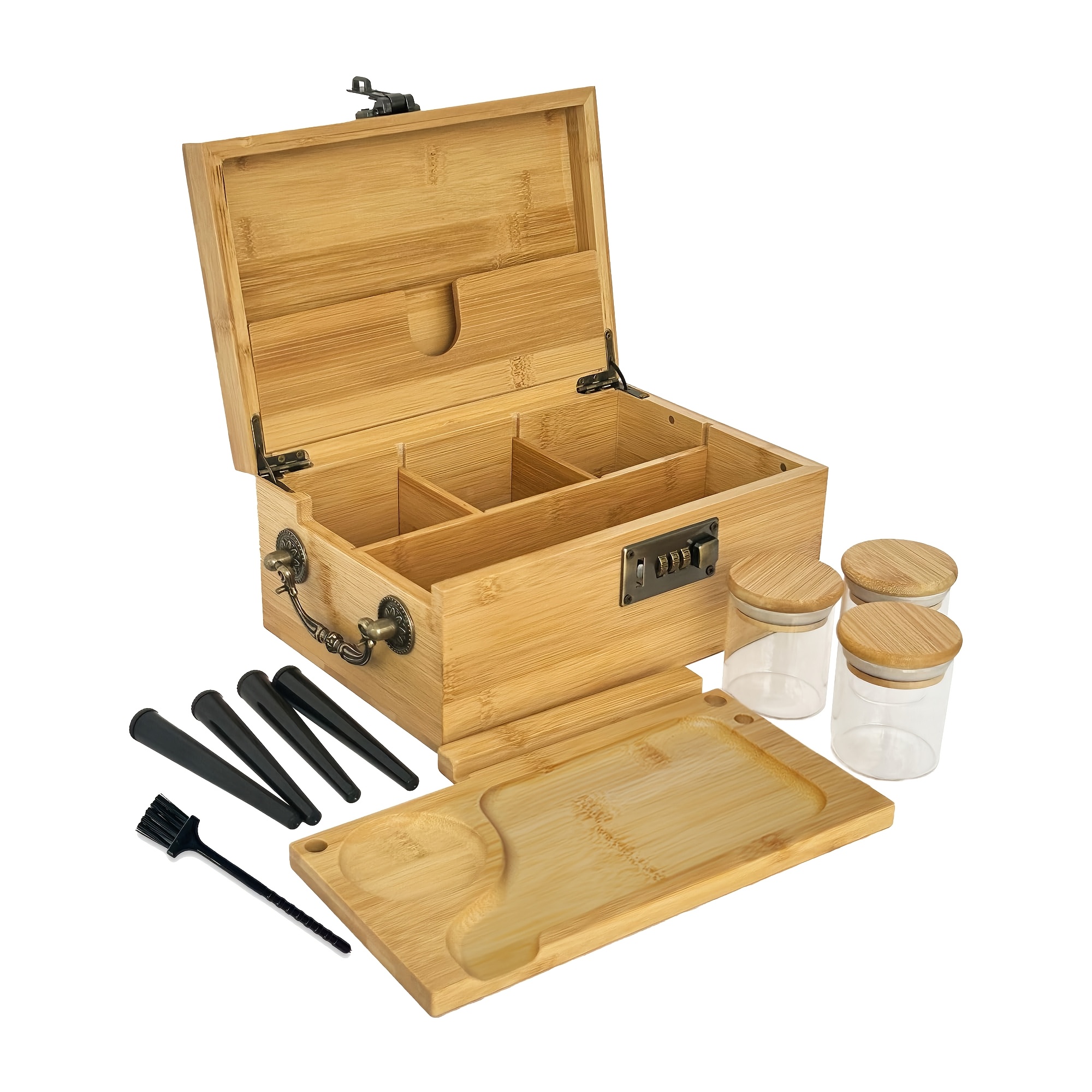 Open bamboo box with a combination lock, divided compartments, jars and a removable tray