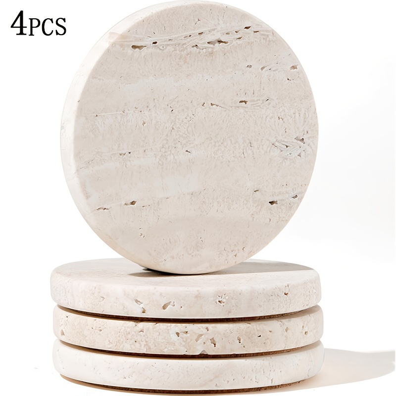 TEMU Set Of 4 Natural Travertine Marble Coasters With Non-slip Cork Backing - Round Stone Drink Coasters Suitable For Tables, Stain & Scratch