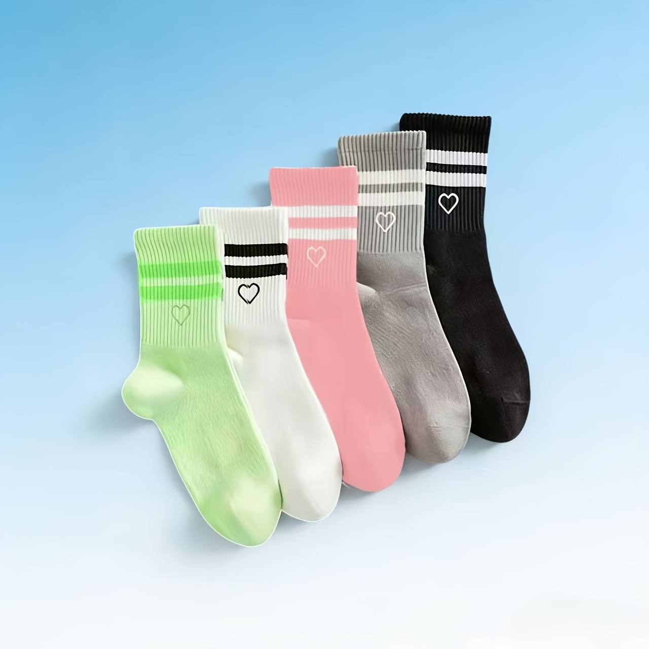 E-shop 5 Paar neue High-Top-Sportsocken für Paare, stylisch mit zwei Bändern, mit Herzdesigns für Fitness, trendige Mid-Calf-Socken, die bequem sind