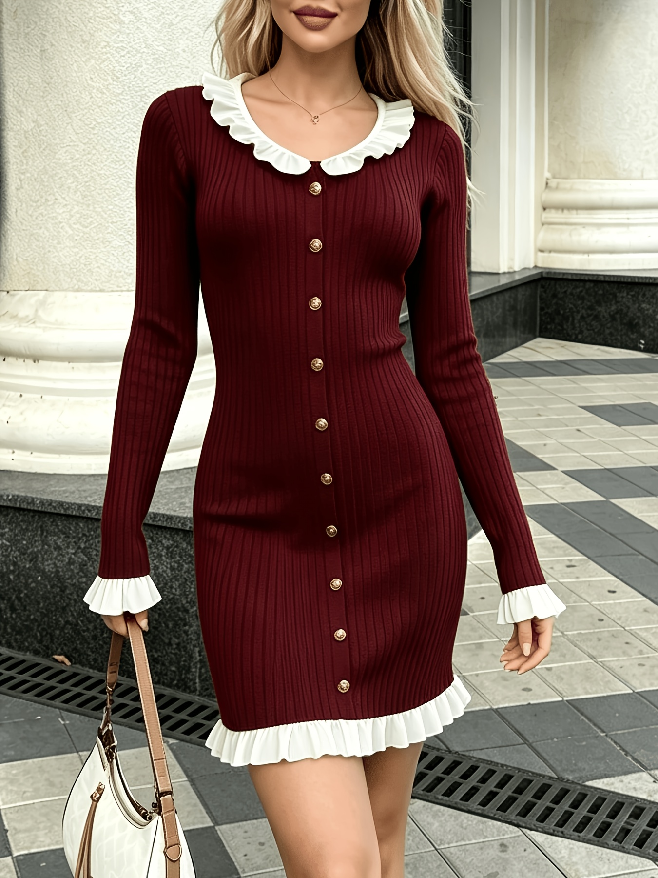 winter dresses south africa A New French Autumn and * Dress for Women, with a V-neck, Cinched Waist and Look, and a Hip-hugging Short Skirt color_Burgundy Angel Maternity Isabella Blue Color:Picture Color Champagne