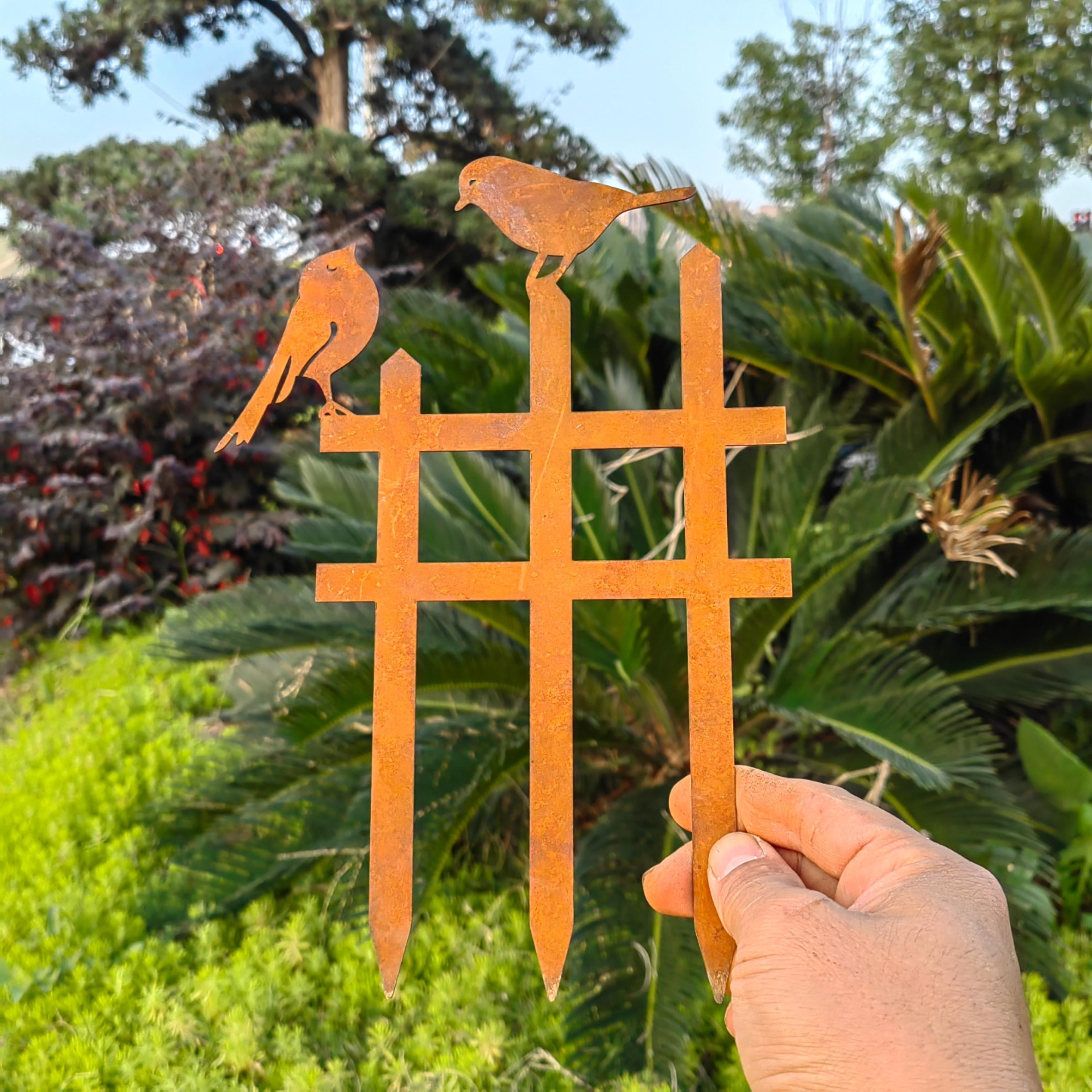 Image of 1pc Rustic Metal Fence Bird Silhouette Decor - Vintage Garden Art With Perched Birds, Weathered Orange Finish For Patio, Lawn, Or Balcony - Perfect Gift For Christmas, Birthdays, Day, Bird Decor