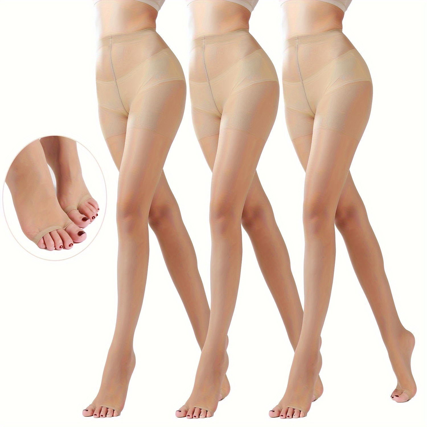 TEMU 3pcs Women's Sheer Tights - 20d Waist, Toe Pantyhose With , Nylon & Spandex Blend