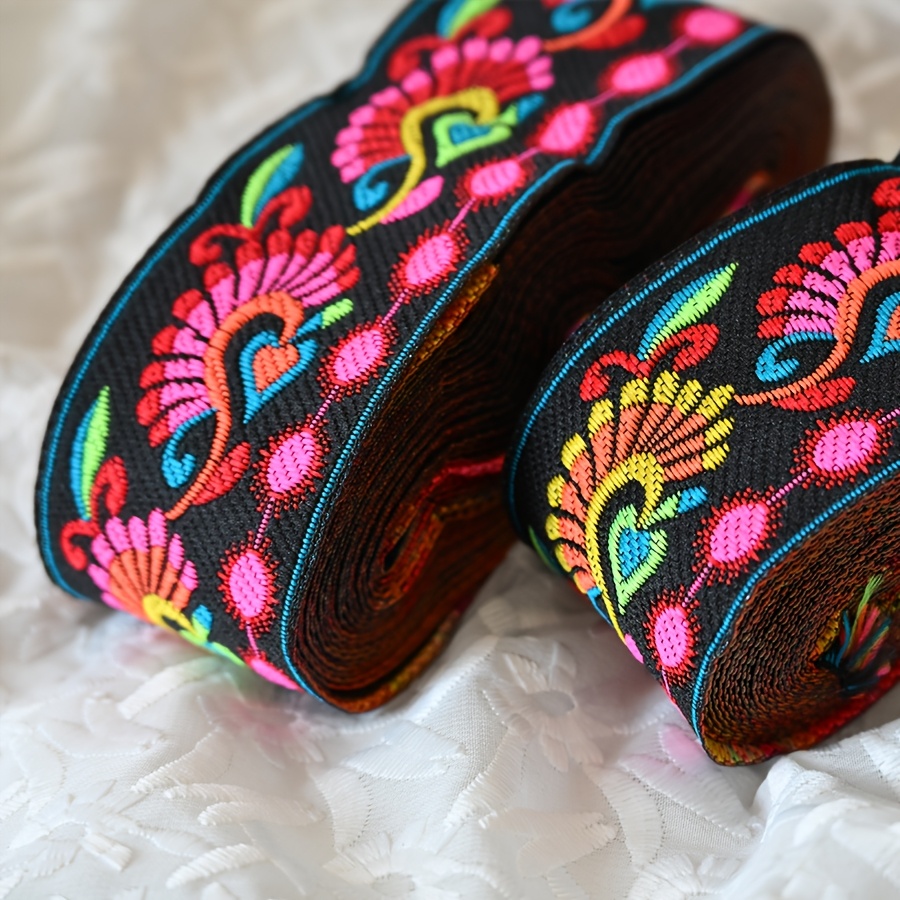 TEMU Ethnic Style Jacquard Ribbon Lace, For Sewing And Crafts, 1 Cm Wide Black Red Floral Woven Twill Tape, Bohemian Tribal Embroidery Decorative