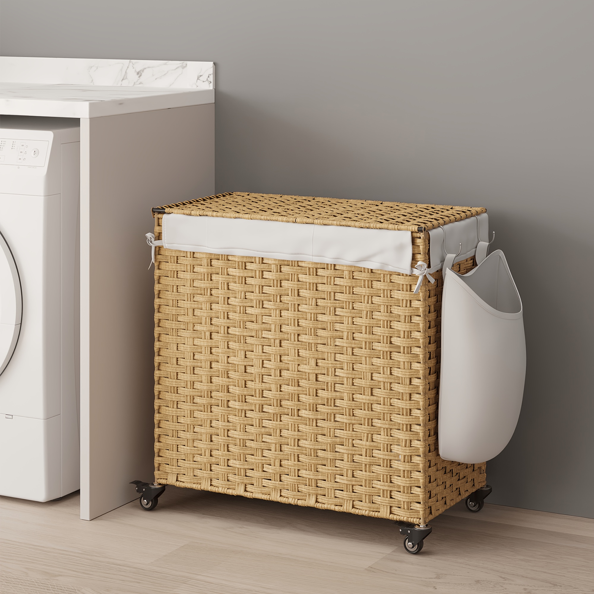 3-compartment Rattan Laundry Basket On Wheels With Lid And Washable Liner, 140 L, 66 X 33 Cm, And Yellow, Laundry Baskets