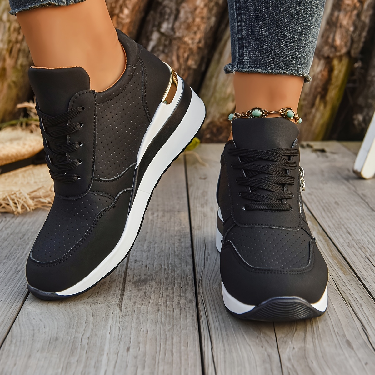 TEMU Women' Sneakers With Golden Accents - Comfortable Lace-up, Casual Sports , Casual Footwear | Trendy Sneakers | Durable Footwear