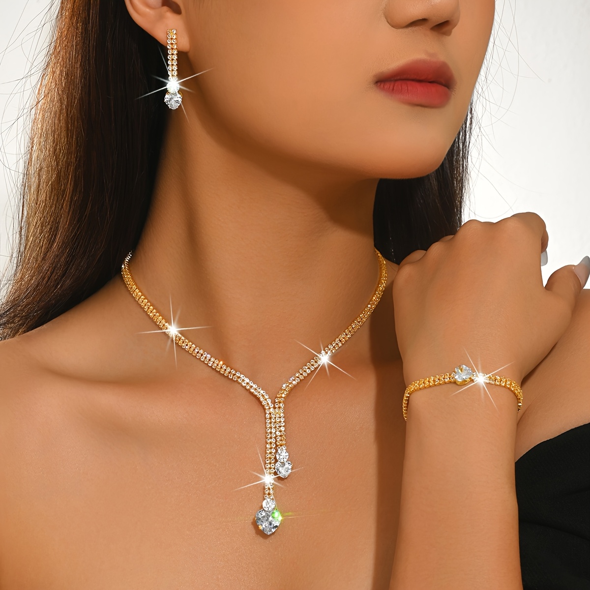 Y-Shaped Heart Drop Necklace, Earrings & Bracelet Set, Elegant Accessories