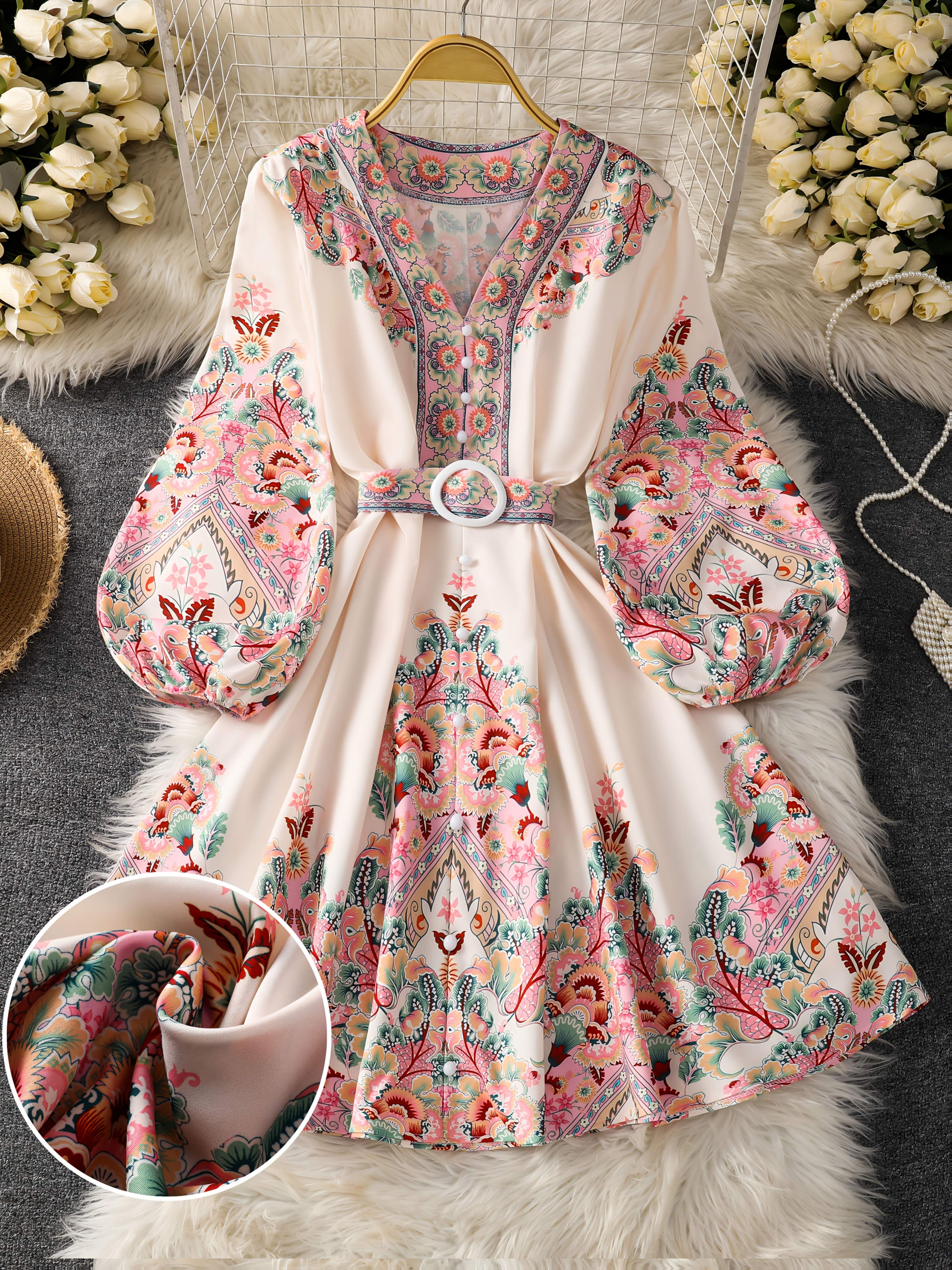 Women's Bohemian V-Neck Dress with Long Lantern Sleeves & Adjustable Belt -  Floral & Geometric Print Mini Dress, Fitted Top & Flowy Skirt, Machine  Washable Lightweight Fabric for Spring Summer Casual ...