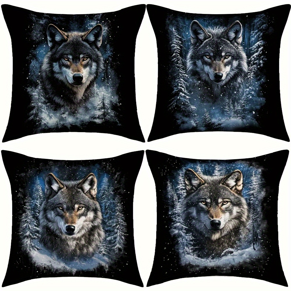 

4pcs Set Gray Wolf Luxury Polyester Pillow Covers - Double-sided, Zippered Design For Versatile Room Decor & Holiday Parties