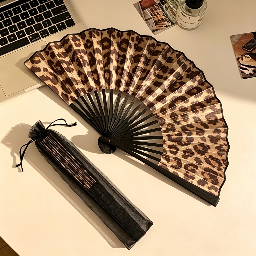 TEMU Elegant Leopard Print Folding Fan With Fan Pouch - Lightweight Portable Princess Themed Ladies' Fan Suitable For Parties, Music Festivals, Dance