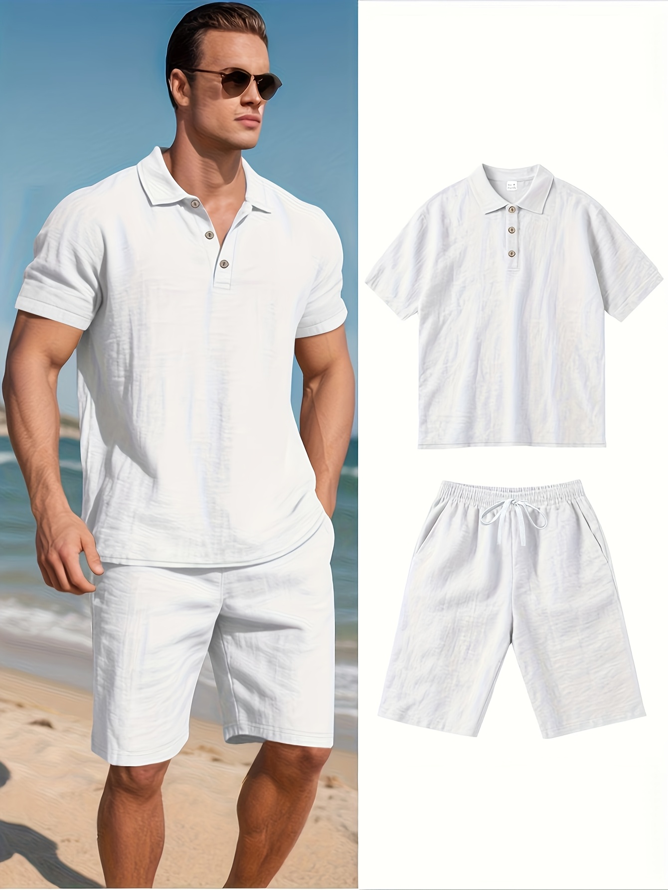 Ensemble Polo & Short en Lin Homme Ensemble de pantalons en lin pour homme, coupe ajustée, à séchage rapide et évacuant l