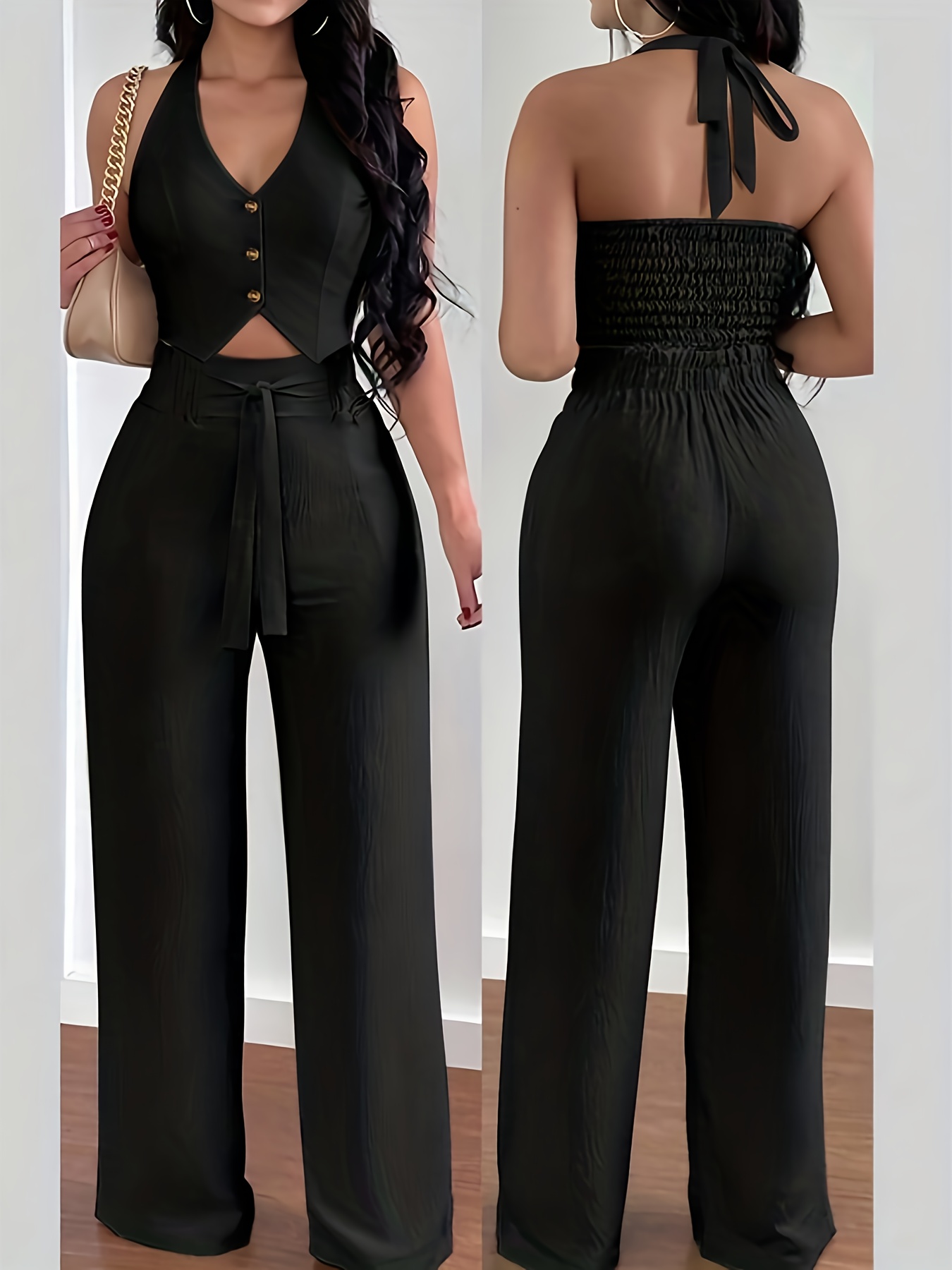 Nuevo conjunto de dos piezas para mujer: elegante top halter sin espalda y pantalones de pierna ancha, ideal para vacaciones y un estilo casual - Imagen 4