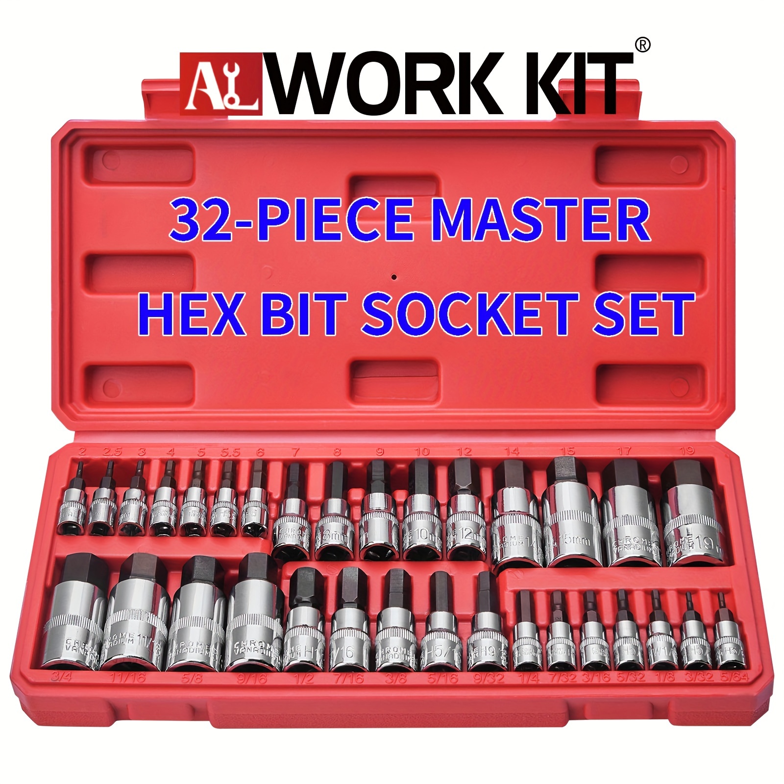 

32pcs Hex Bit Socket Set, Sae & Metric, 1/4'', 3/8'', 1/2'' Drive Socket Set, S2 Alloy Steel Bits With Cr- Socket, With High Quality Suitcase. Nice Gifts