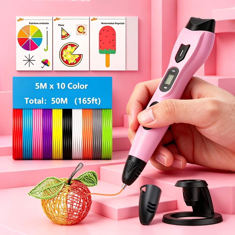 TEMU 3DLNK Nouveau Stylo d' Amélioré, Anti-Obstruction, Facile à Utiliser, Filament PLA : 10 Couleurs X 5M , Total 50M/165Ft, Livré avec Sac de