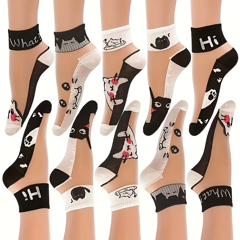 TEMU 10-pair Spring/summer Thin Breathable Cartoon Kitten Cass Glass Fiber Short Socks, Cute Cat Letter Transparent Women's Ankle Socks, For