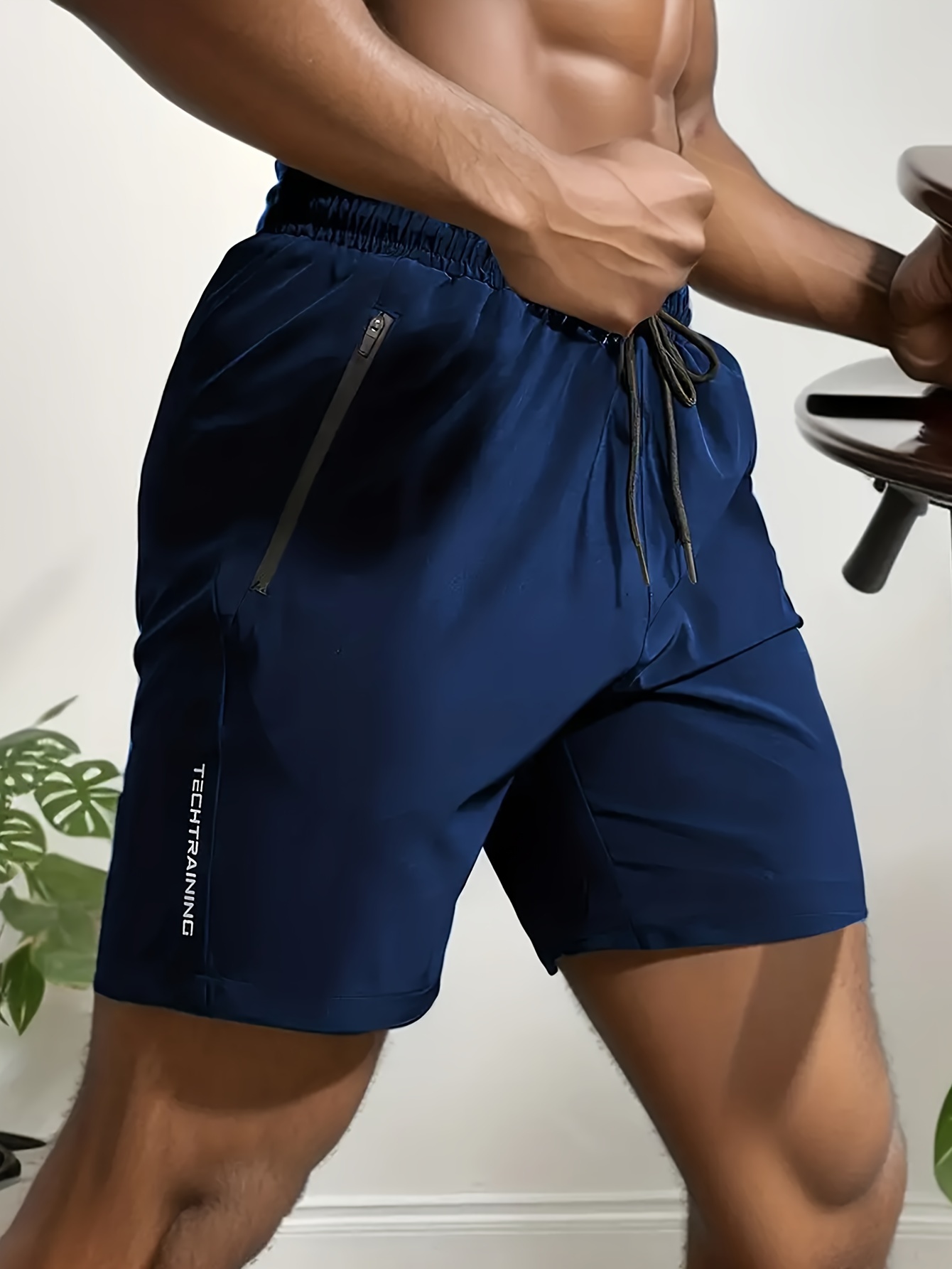 Men's Sleek Athletic Shorts - Lightweight, Quick-Dry Polyester with Zipper Pockets, Elastic Waistband & Drawstring | Casual Sportswear, Machine Washable