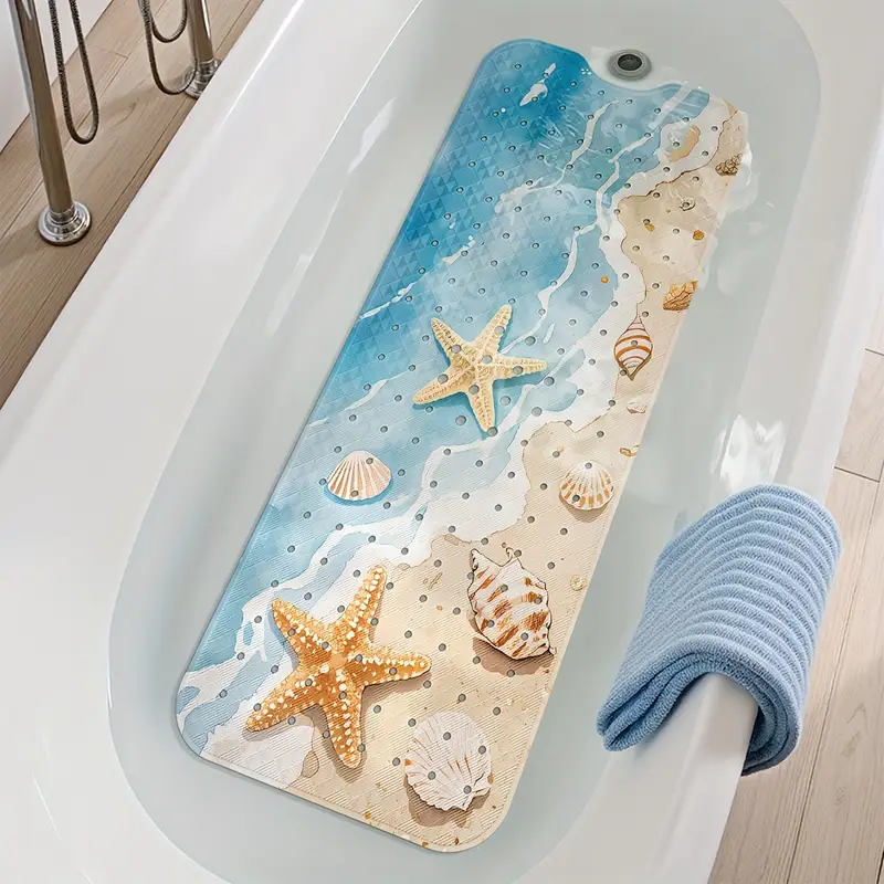 1pc beach print non slip shower mat pvc bath mat with ocean waves seashells design blue white bathroom bathtub and shower safety bathtub mat Product details 1