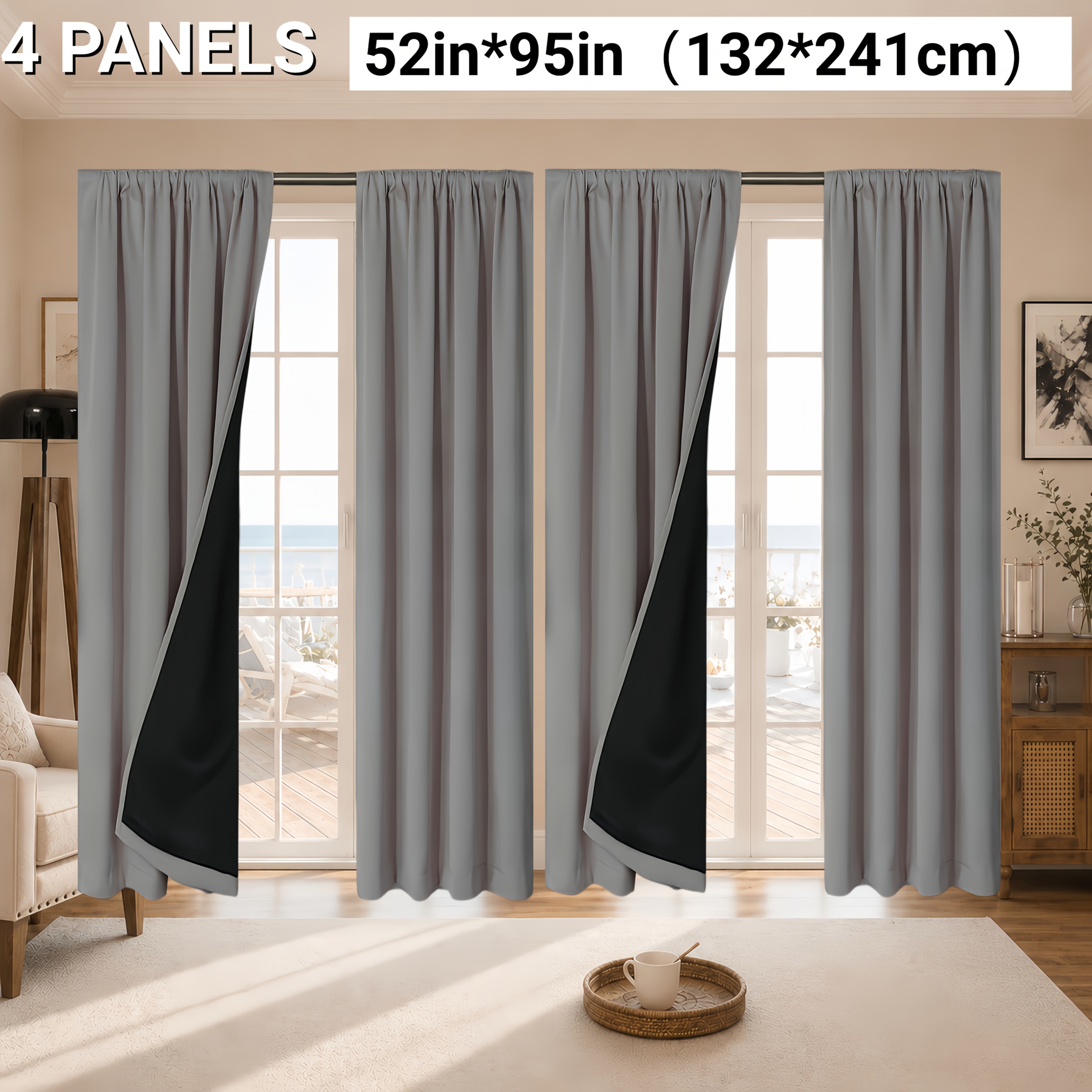 4pcs, 100% Blackout Curtains - Modern Solid Color, Rod With Coated Lining For Living Room, Office, Bedroom - Modern Decor