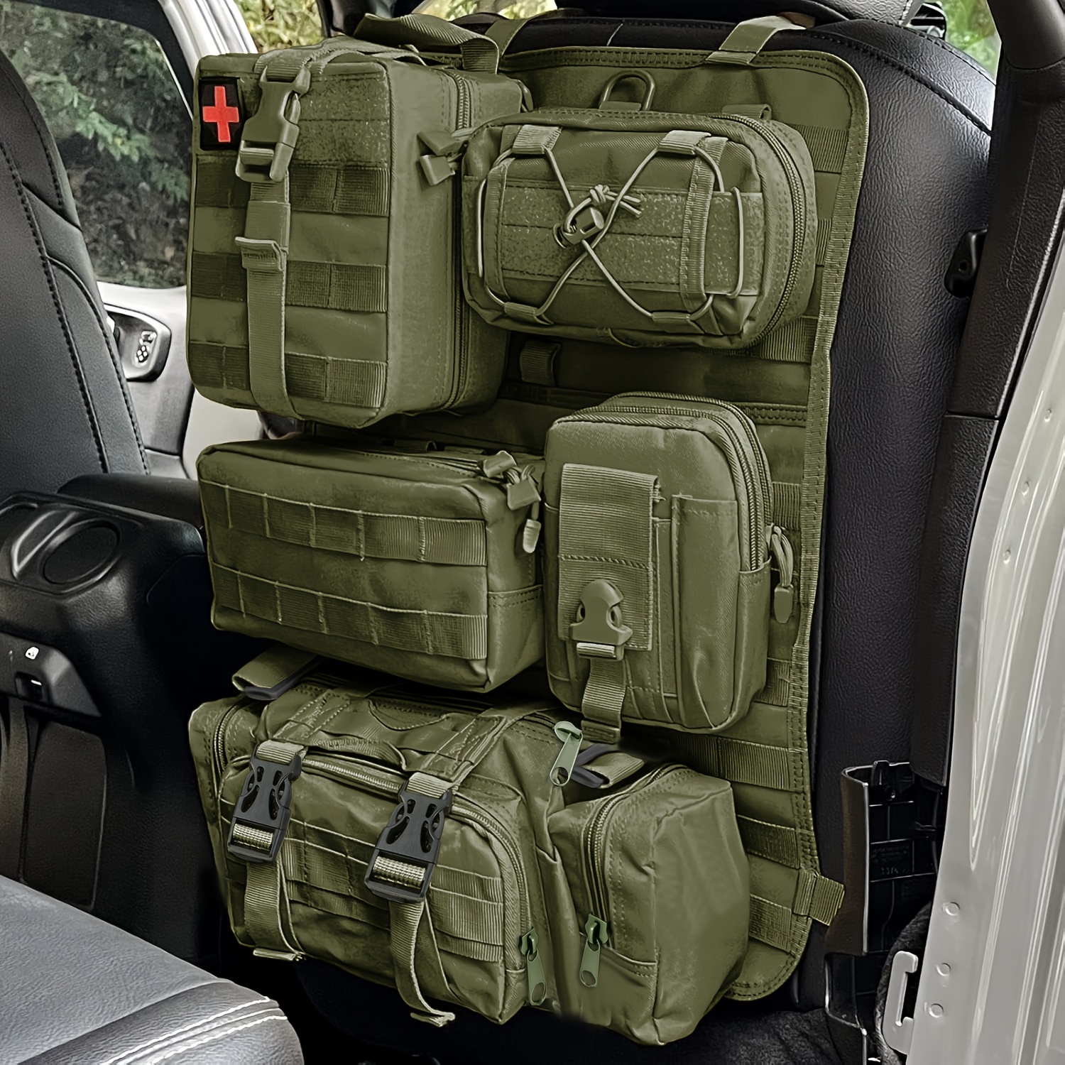 Tactical Car Seat Back Organizer, Upgrade Vehicle Panel with 5 Detachable Molle Pouches, Army Green, Khaki, Universal Fit for Most of Vehicle, Army Green, Khaki, Perfect for Father'S Day Gift, Car Seat Organize