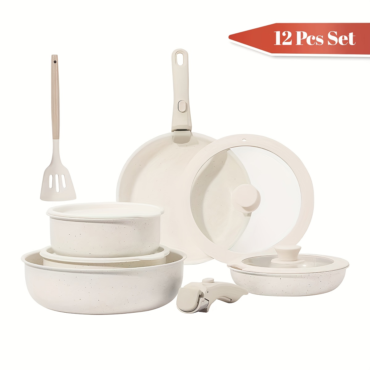 Nonstick Cookware Set, Pots And Pans Set With Removable Handles, Induction Kitchen Set, Stain And Scratch Resistant, Dishwasher/oven Safe - Cream White