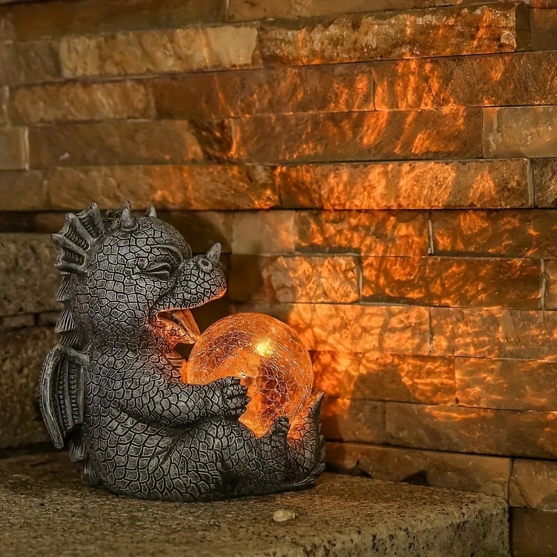 

Enchanting Solar-powered Dragon Garden Statue With Led Lights - Resin Baby Dragon Holding Magic Orb, Perfect For Outdoor Patio, Yard, Lawn & Porch Decor