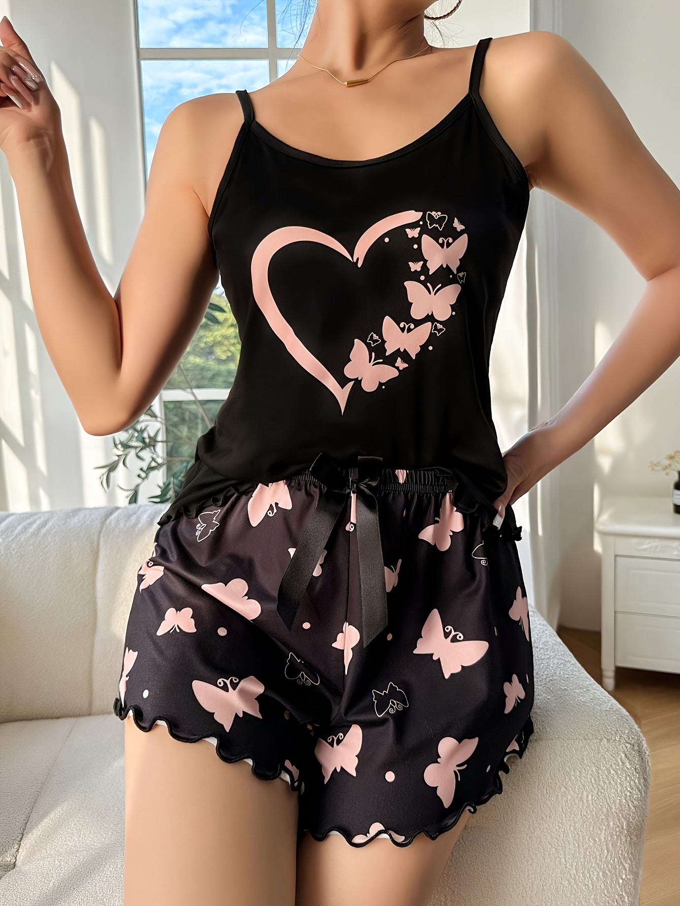 womens heart patterned pajama set with ruffle hem shorts casual polyester knit fabric fine shoulder strap adult spring summer sleepwear and loungewear Product details 2