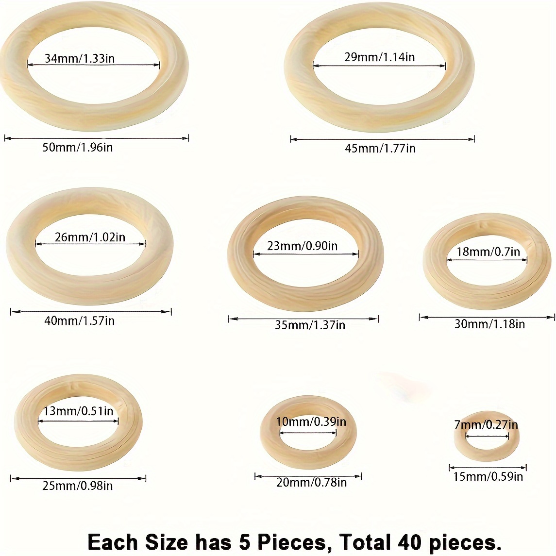 A Set Of 40 Wooden Rings In 8 Different Sizes, Perfect For Crafting, Weaving, And Jewelry Projects. Rings Are Made Materials, Ideal For Craft Lovers, And Used For Handmade And Decorative Purposes