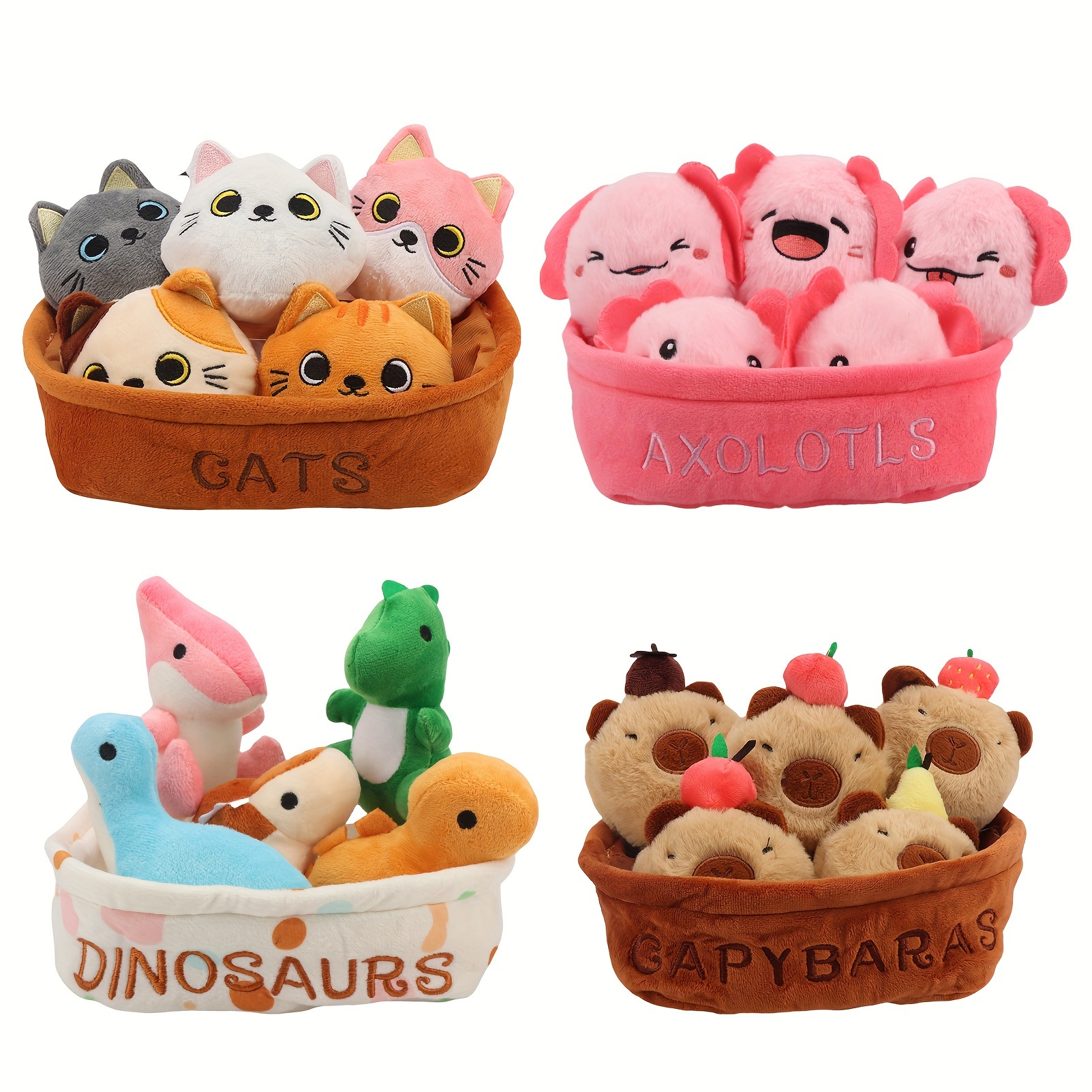 Cat Dinosaur Axolotl Stuffed Animal Plush Toy with Fruit and Basket