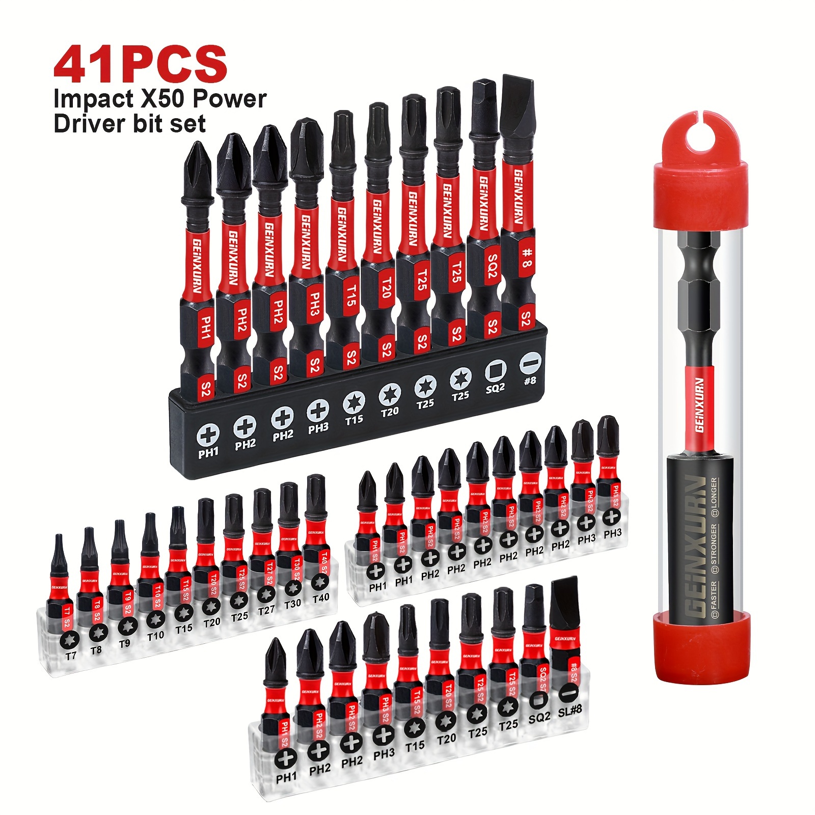 

41pcs Impact X50 Power Driver Bit Set, Mixed With Ph1/ph2/ph3/sq2/ Sl#8/t7/t8/ T9/t10/t15/t20/t25/t27/t30/t40 With Organizers